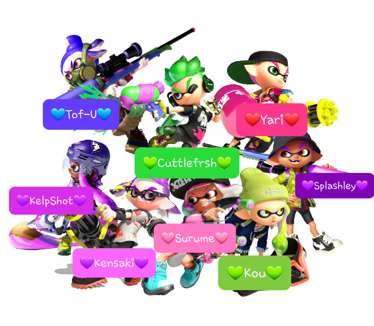 InklingBoyInked's tweet image. Wait a minute! How is anyone supposed to talk about us when they don't know our names?

HELLO PEOPLE OF TWITTER! MY NAME IS JOHN AND HERE ARE MY FRIENDS! 😆😆😆😆🧡💚🩷💜🩵❤️

nice to meet you! 😁💙🦑