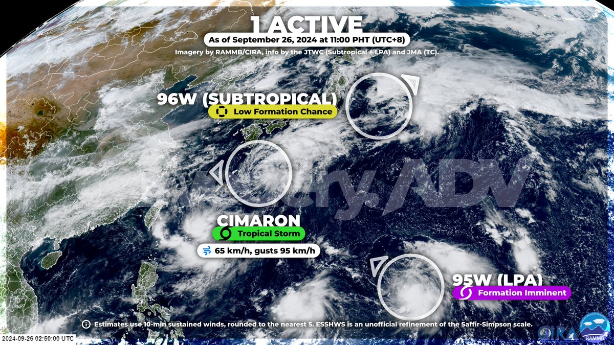 wederyweens's tweet photo. - Tropical storm #Cimaron continues to maintain its intensity.
- LPA 95W is still expected to develop into a tropical depression.
- Subtropical LPA 96W continues to drift northeastwards. https://t.co/ljN7UYQmua