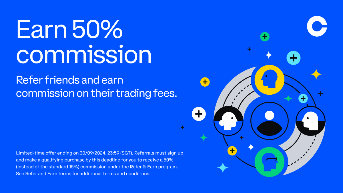 CoinbaseSG's tweet photo. Meet our upgraded referral program.

For a limited time, earn 50% commission on your referrals' trading fees.

Invite them to sign up and trade by Sep 30, 2024 to earn this commission for 90 days.

Share your referral link → https://t.co/jJihYjZNFh
