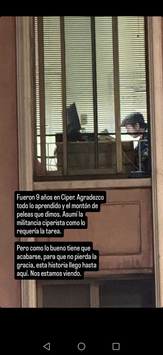 Periodista que destapó Caso Hermosilla ("Audios") <a href="/niko_sepulveda/">Nicolás Sepúlveda Gambi</a> habría renunciado a <a href="/ciper/">CIPER Chile</a>. La tarde de ayer, publicó un mensaje de despedida en su Instagram, sin detallar nada. El medio, que destaca por destapar casos y exigir transparencia, no ha dicho nada aún.