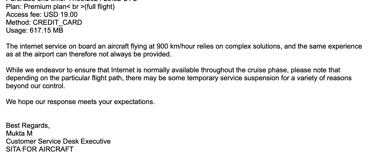 watilo's tweet photo. Offering reliable wifi at 35k feet can be tough. But check out the difference between these two airlines:

1. Tonight, @SouthwestAir *proactively* provided a refund for wifi that was subpar – but overall usable – on a 3.5 hr flight. (I didn't email them about it.)
2. Recently, Iberojet's wifi provider SITA rejected my request for a refund on wifi that was almost *entirely* unusable on a ~9 hour flight.

As bad as American customer service often is, it's still lightyears better than most other places in the world.