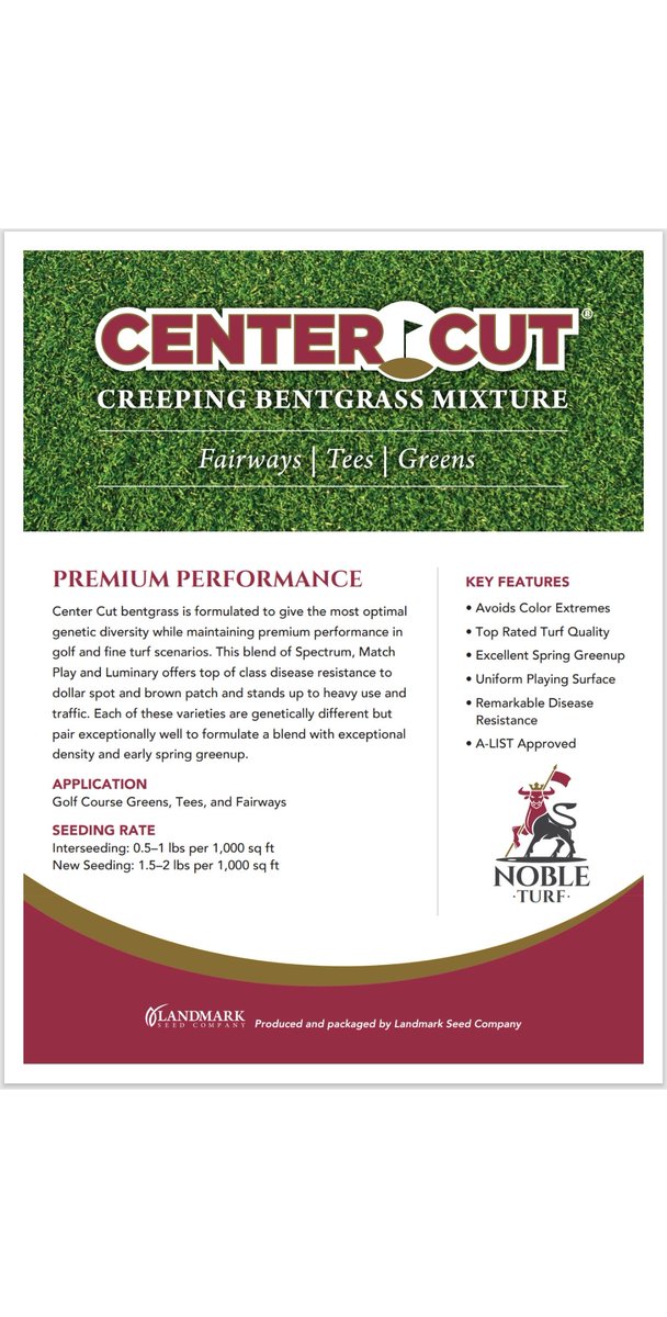🚨🚨 Center Cut Update🚨🚨
Our friends <a href="/Landmarkseed/">Landmark Seed Company</a> have outdone themselves, once again.  <a href="/Noble_Turf/">Noble Turf</a> Center Cut is now a blend of 3 of the best CBG varieties available in the market.  Luminary/Matchplay/Spectrum can help elevate any property to perform at its peak.