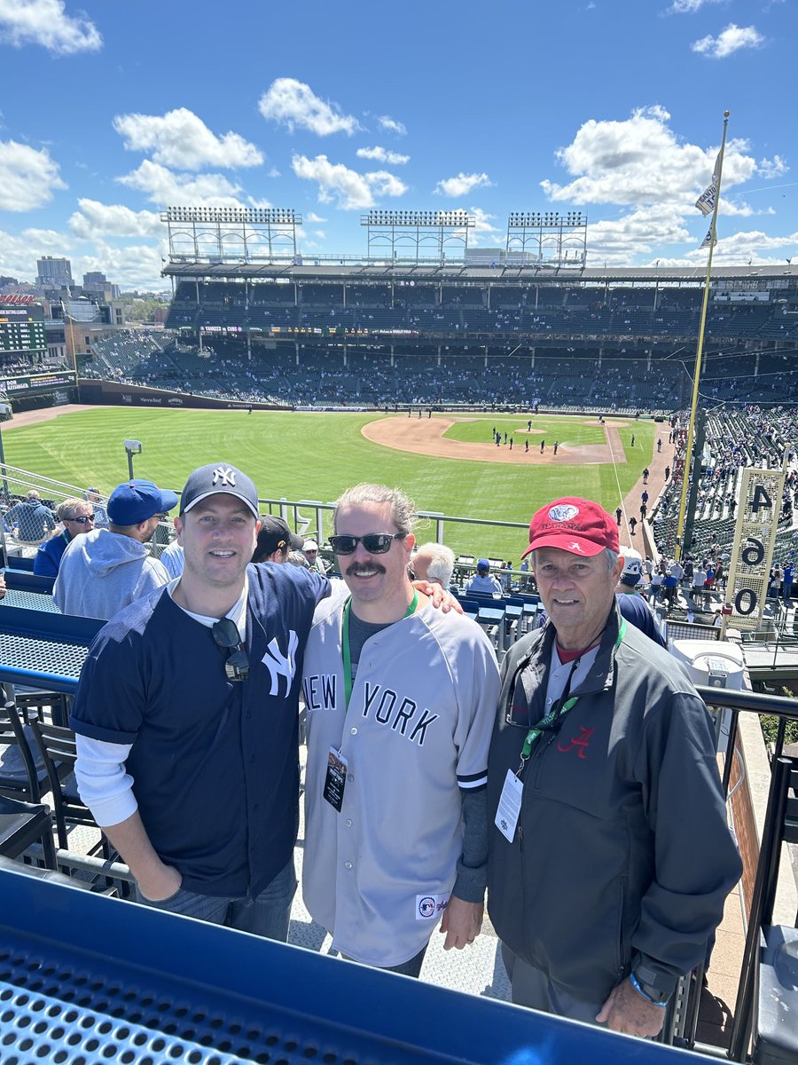 davidmoney72's tweet photo. @YESNetwork @JackCurryYES - David Money, a 76 year old life-long Yankees fan from Alabama enjoying the recent Cubs series with his sons from the #wrigleyrooftops #toyotapinstripespride https://t.co/6UHv7nzw1Z