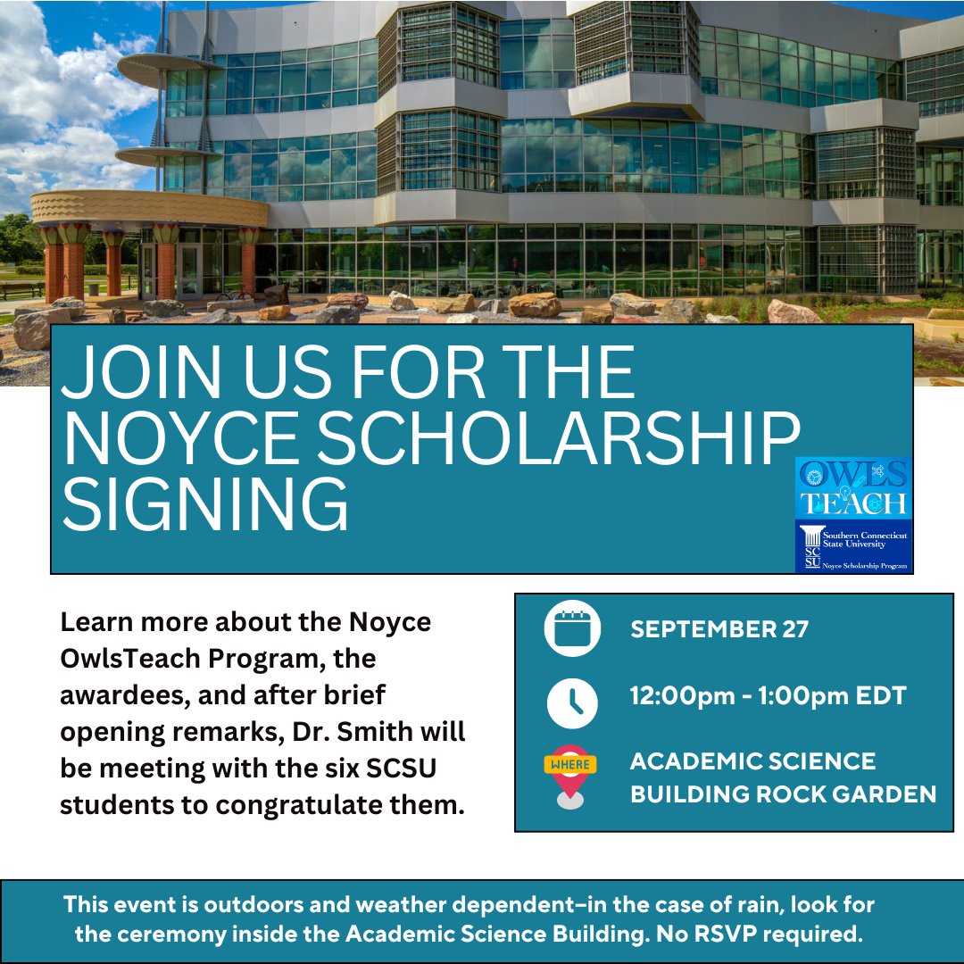 Tomorrow join us for the Noyce Scholarship Signing!

<a href="/SCSU/">Southern Connecticut State University 🦉</a> <a href="/SouthernGPS/">SCSU Graduate & Professional Studies</a> <a href="/CTStateEdu/">Connecticut State Community College</a> 

#stemeducation #SCSU #NoyceScholars
