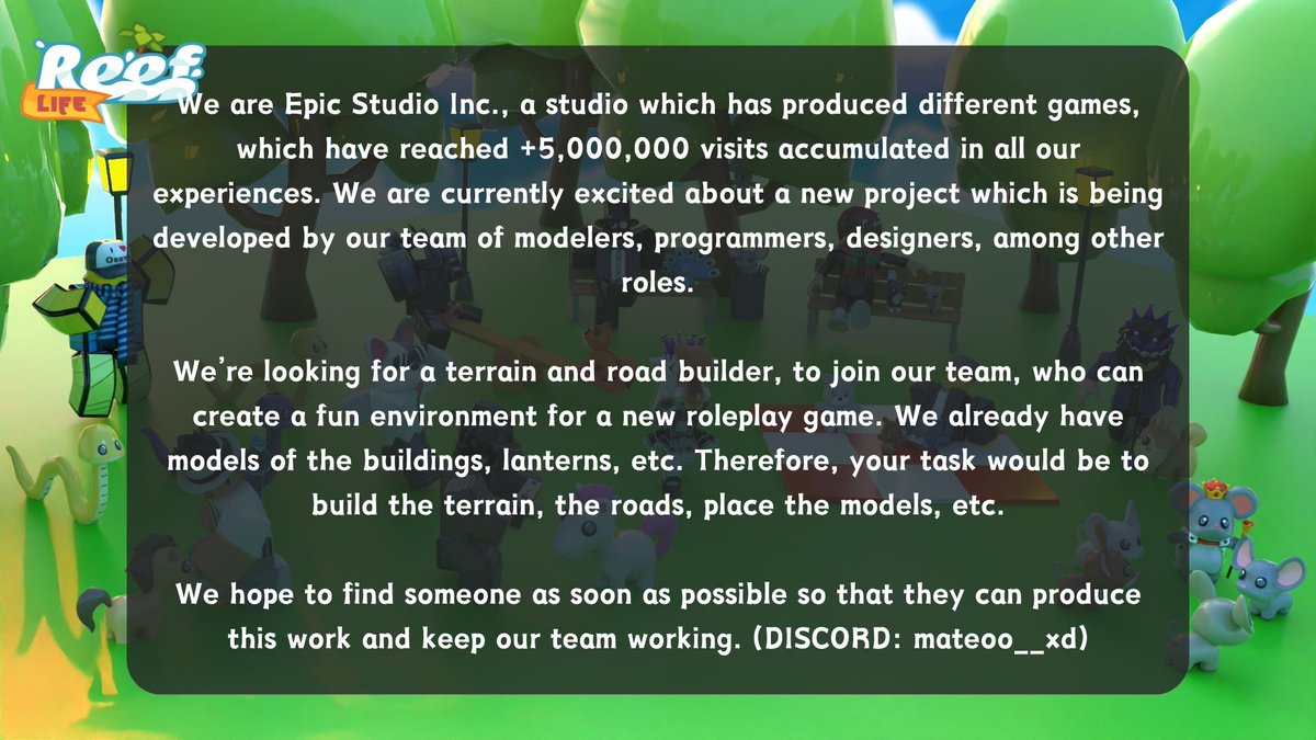 EPIC STUDIO IS HIRING NOW!
📩 More info in DM, we look forward to working with you Robloxian.
#ROBLOX #RobloxDev