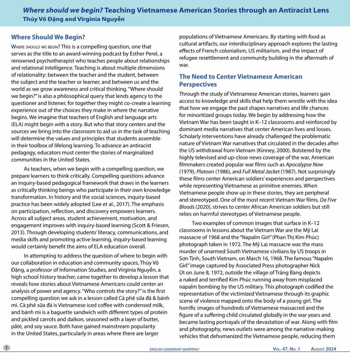 Excited to share my new article in <a href="/ncte/">National Council of Teachers of English (NCTE)</a>. Co-written with @thuyvodang we explore antiracist teaching &amp; centering Vietnamese American stories. The article includes <a href="/GholdyM/">Gholdy Muhammad</a> 12 Questions for deepening my lens and I invite you to share in her greatness🙌 
publicationsncte.org/content/journa…