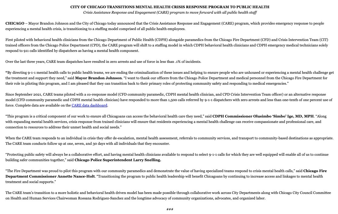 NEW: Chicago's 911 mental health response teams no longer include police.

The CARE teams — with no arrests made in 1,500 runs — first included CPD officers &amp; CFD paramedics, but now only use emergency &amp; behavioral health workers trained by the public health department. Full: