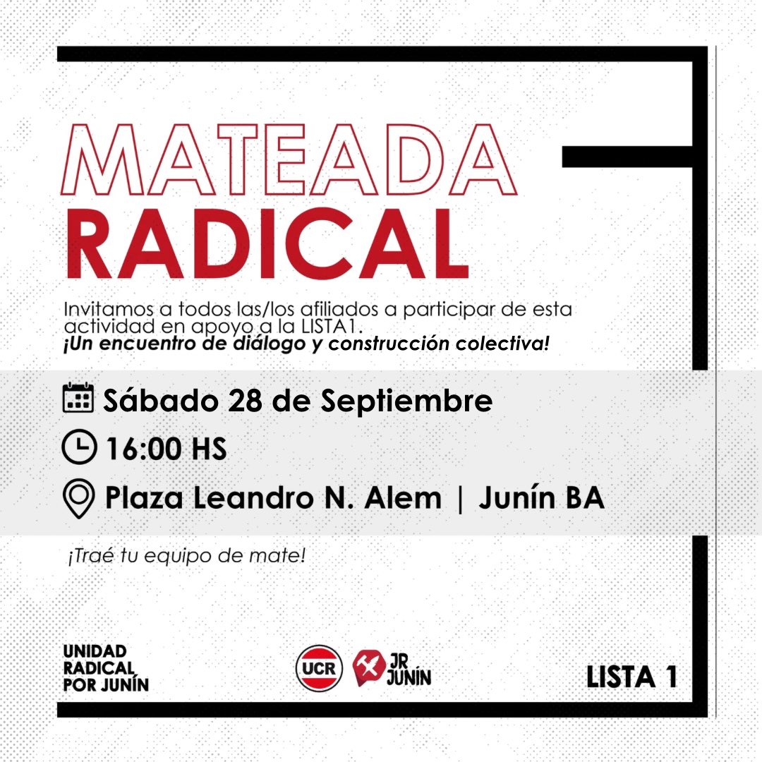 Te invitamos a una mateada especial! 🧉🇵🇱

Este sábado 28, a las 16 hs, nos encontramos en la Plaza Leandro N. Alem para debatir y pensar juntos el futuro del radicalismo juninense y apoyar a la LISTA 1. 

Traé tu mate, buena onda y muchas ganas de charlar. 🗣️💬