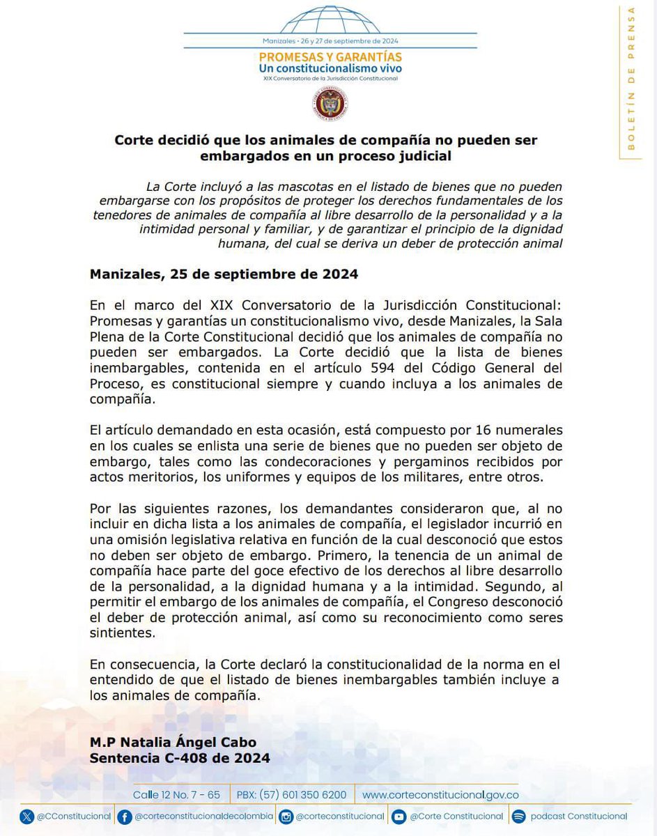 CConstitucional's tweet photo. #LaCorteInforma | Por unanimidad, la Sala Plena de la Corte Constitucional decidió que los animales de compañía no pueden ser embargados en un proceso judicial 

M.P. Natalia Ángel Cabo 
Sentencia C-408 de 2024 https://t.co/dyrxZr5mNk