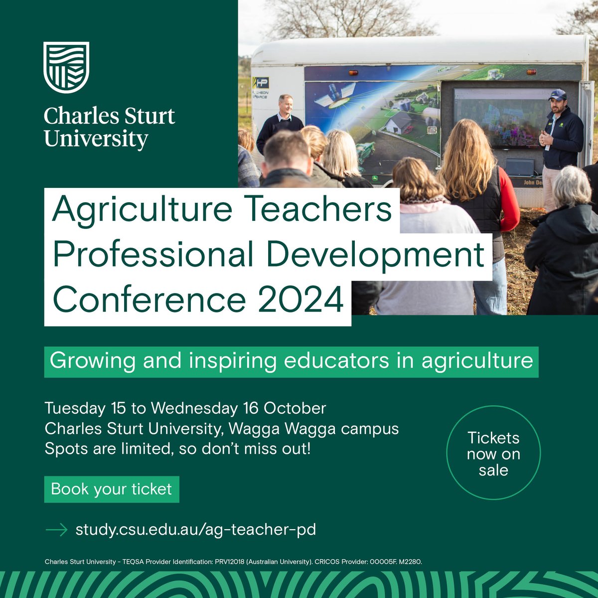 Senior high school agriculture educators – this one’s for you! 🐮

Our two-day conference is your chance to collaborate, network and learn from the best in the agricultural industry to enrich your teaching practice.

Tickets: go.csu.edu.au/47mqRO8

#AusAg #AustralianTeachers