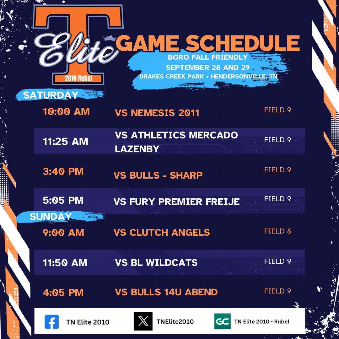 Weekend schedule for the Boro Fall Friendly in Hendersonville. Hopefully with Hurricane Helene coming through we still get to play. Updates to come. #proudtobeElite