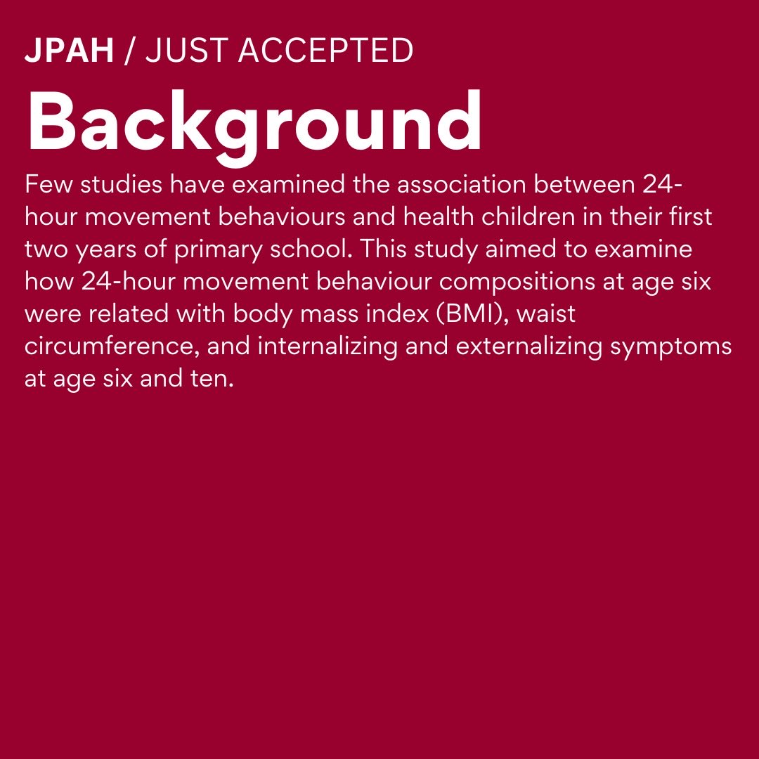 JPAHjournal's tweet photo. 📣Just accepted:
🇦🇺 New study by Dr. Bourke & colleagues examined how 24hr #MovementBehaviour patterns at age 6 relate to BMI, waist circumference, & internalizing and externalizing symptoms at ages 6 & 10.
Article coming soon! https://t.co/UWPGvFioEc