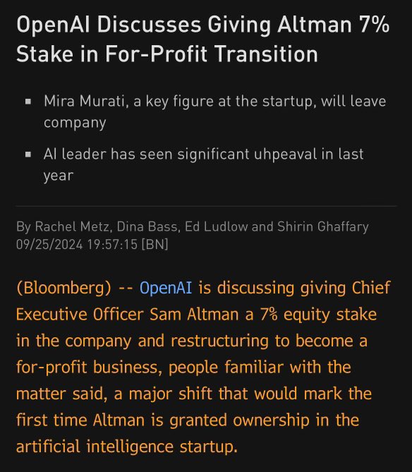 ParikPatelCFA's tweet image. How to make $10 billion dollars:

- Raise $50 million from Elon Musk to start a nonprofit 

- Tell everyone you are doing this for the sake of humanity and raise billions

- Convert from non-profit to for-profit and grant yourself equity