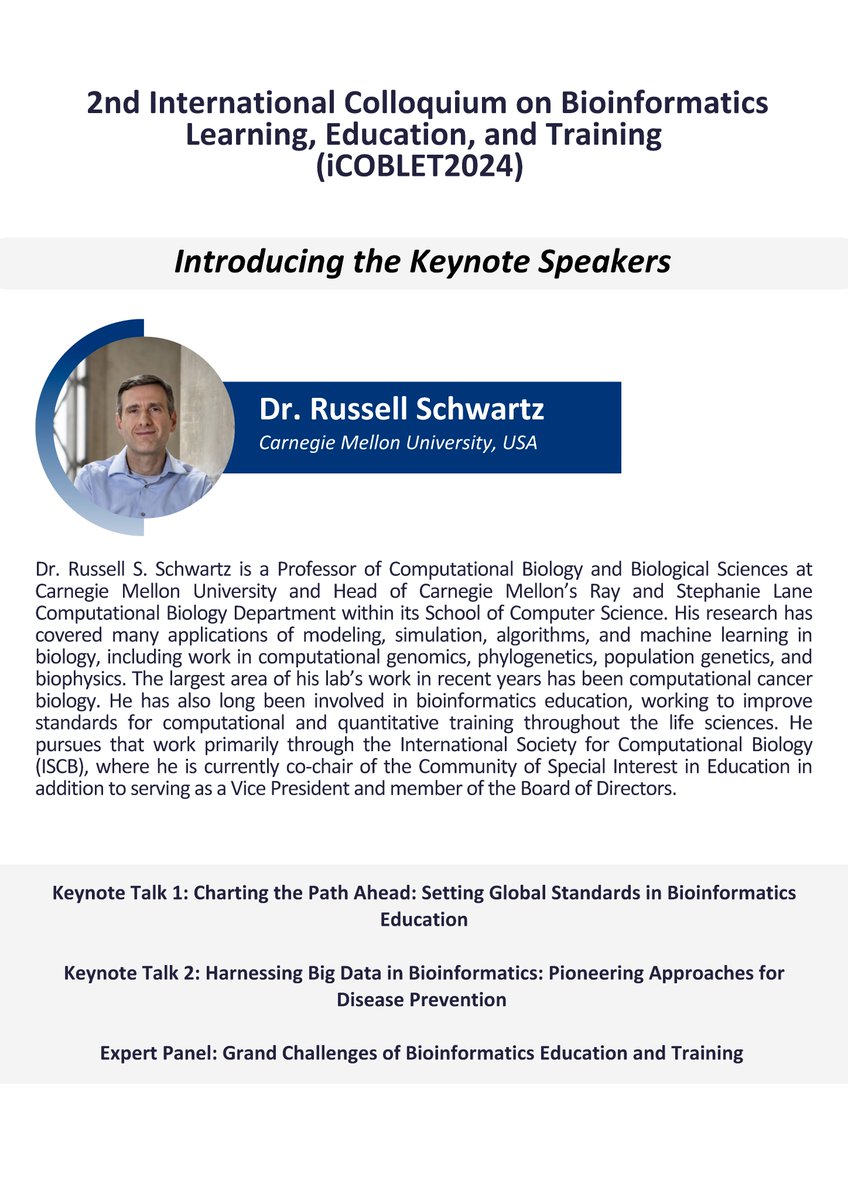 International Colloquium on Bioinformatics Learning, Education, and Training (iCOBLET2024): Call for Participation

Nov 20-21, 2024 in Doha, Qatar | Hybrid Mode | Abstract Submission (30 Sept) | Eduthon Registration (5 Oct) | GOBLET AGM | More: udst.edu.qa/icoblet2024