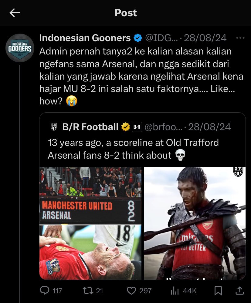 IDGoonerscom's tweet photo. Muncul di timeline ada akun yang katanya netral bilang: “Fans Arsenal juga karbit karena suka Arsenal pas era Wenger (invincibles).” 

Bro belum tau betapa banyaknya gooners yang baru suka Dark Arts FC ini setelah era Highbury. Era dimana Arsenal kering gelar, puasa PL hampir 2 dekade, selalu finish peringkat 4 sampai dikatain 4rsen4l, kena bantai Barca, Bayern, MU 8-2, Arsenal era KST, Arsenal era lockdown, Arsenal era Gallas 10, Lord Bendtner, Lord Chamakh, Lord PCY, Lord Mustafi, Lord Sokratis, dan banyak lagi. 

Banyak juga gooners yang tiba2 ngefans Arsenal karena jerseynya, karena seorang pemain, dan karena beautiful footballnya tanpa tau sejarah dan toreham trophy club tersebut yang sampai sekarang masih ZERO UCL.