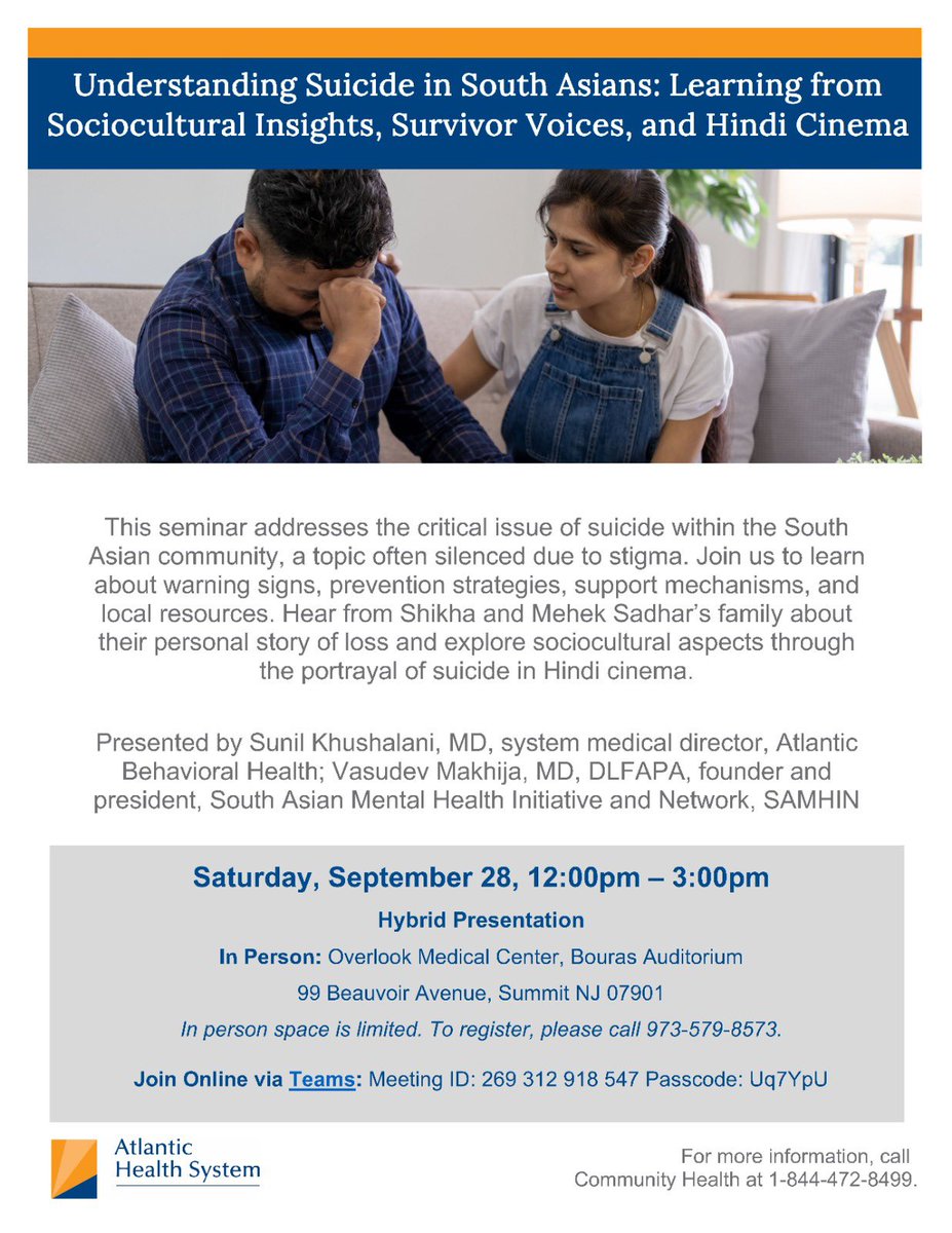Join us for this seminar that addresses the critical issue of suicide within the South Asian community, a topic often silenced due to stigma.

Join Online via Teams: Meeting ID 269 312 918 547 Passcode: Uq7YpU

#SamhinOrg #MentalWellness #MentalHealthForAll
