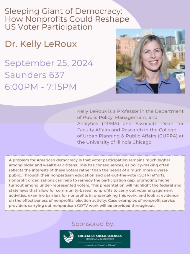 Delighted to be hosting "THE" Dr. Kelly LeRoux <a href="/charitologist/">Kelly LeRoux</a> later tonight in our Nonprofit Management course (PUBA 630). She will be presenting on how nonprofits could reshape US voter participation. <a href="/on_puba/">On PUBA</a> <a href="/uhmpaso/">uhmpaso</a>