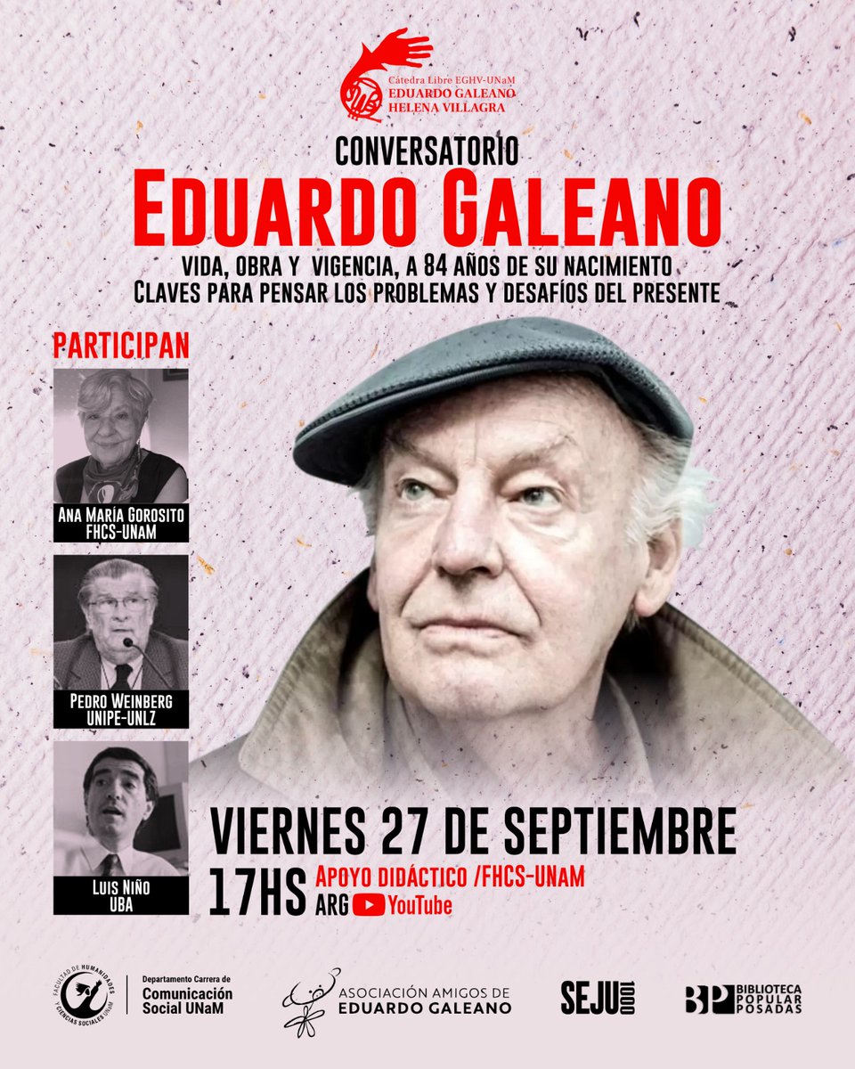 ¡Este viernes! Celebramos los 84 años de nuestro querido Eduardo Galeano.

Seguí la charla acá: youtube.com/live/9HsP8mry6…

<a href="/AmigosGaleano/">Amigos de Eduardo Galeano</a> <a href="/un_misiones/">UNaM</a>