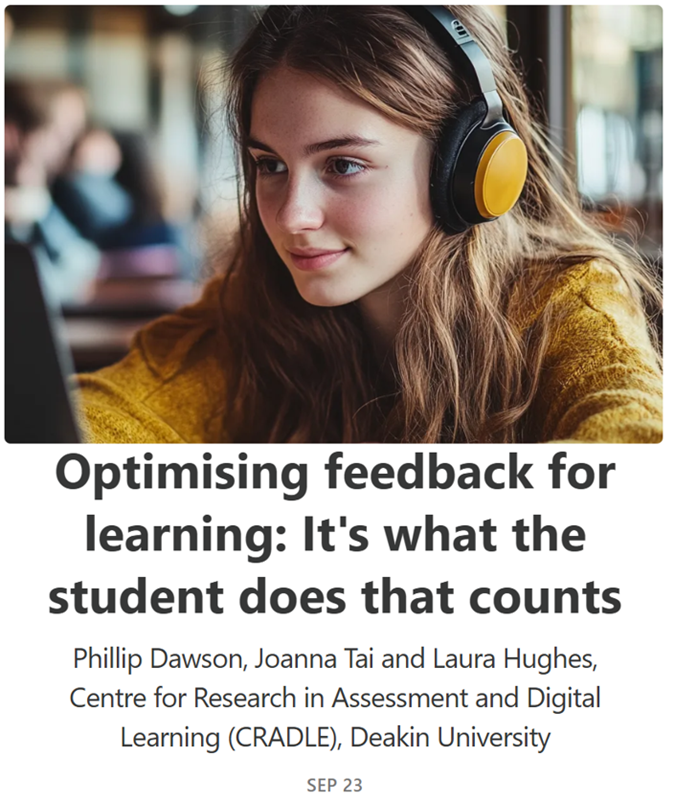 Sally Kift (@kiftsally) on Twitter photo 🚨In my #NeededNowLT series w @jasonmlodge
<a href="/CRADLEdeakin/">CRADLE: Assessment. Digital. Learning.</a> <a href="/phillipdawson/">See me on LinkedIn - I've quit X (Phillip Dawson)</a> <a href="/DrJoannaT/">Dr Joanna Tai</a> Laura Hughes
👏Optimising feedback 4 learning: It's what students do that counts🤯
👇Actioning #FeedbackLiteracy as behaviour
5⃣x Tips
1⃣x Survey re the student doing
YAY!🙌
needednowlt.substack.com/p/optimising-f… 🚨In my #NeededNowLT series w @jasonmlodge
<a href="/CRADLEdeakin/">CRADLE: Assessment. Digital. Learning.</a> <a href="/phillipdawson/">See me on LinkedIn - I've quit X (Phillip Dawson)</a> <a href="/DrJoannaT/">Dr Joanna Tai</a> Laura Hughes
👏Optimising feedback 4 learning: It's what students do that counts🤯
👇Actioning #FeedbackLiteracy as behaviour
5⃣x Tips
1⃣x Survey re the student doing
YAY!🙌
needednowlt.substack.com/p/optimising-f…