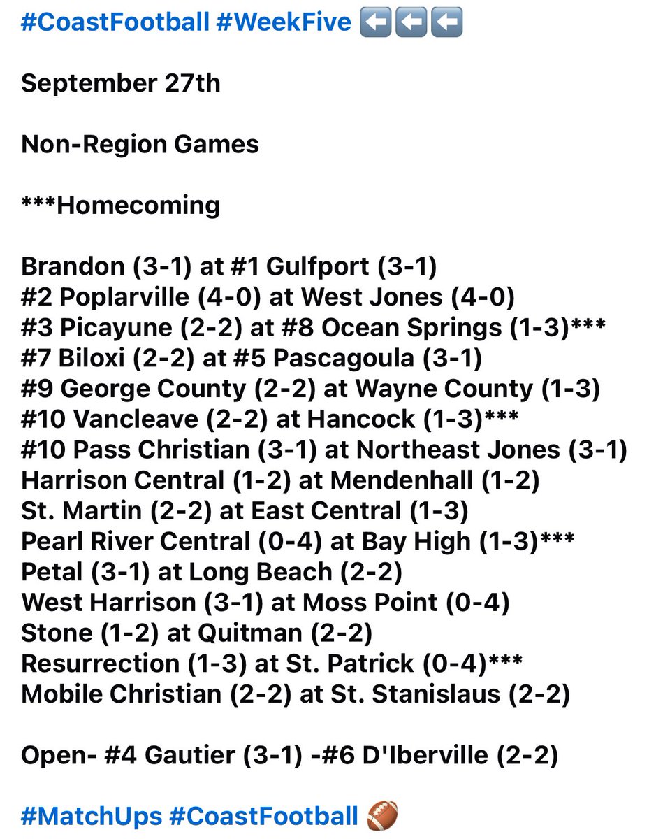 Coastfootball's tweet image. #CoastFootball #WeekFive ⬅️⬅️⬅️

September 27th 

Non-Region Games 🏈💨💨💨