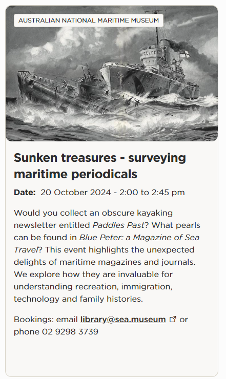 Peter Hobbins (@history2wheeler) on Twitter photo I'm thrilled that <a href="/velibrary/">VaughanEvansLibrary</a> at <a href="/seamuseum_/">Australian National Maritime Museum</a> will be part of #SydneyRareBookWeek! Join us on 20 October and check out the great program of 20+ events: sl.nsw.gov.au/sydney-rare-bo… I'm thrilled that <a href="/velibrary/">VaughanEvansLibrary</a> at <a href="/seamuseum_/">Australian National Maritime Museum</a> will be part of #SydneyRareBookWeek! Join us on 20 October and check out the great program of 20+ events: sl.nsw.gov.au/sydney-rare-bo…