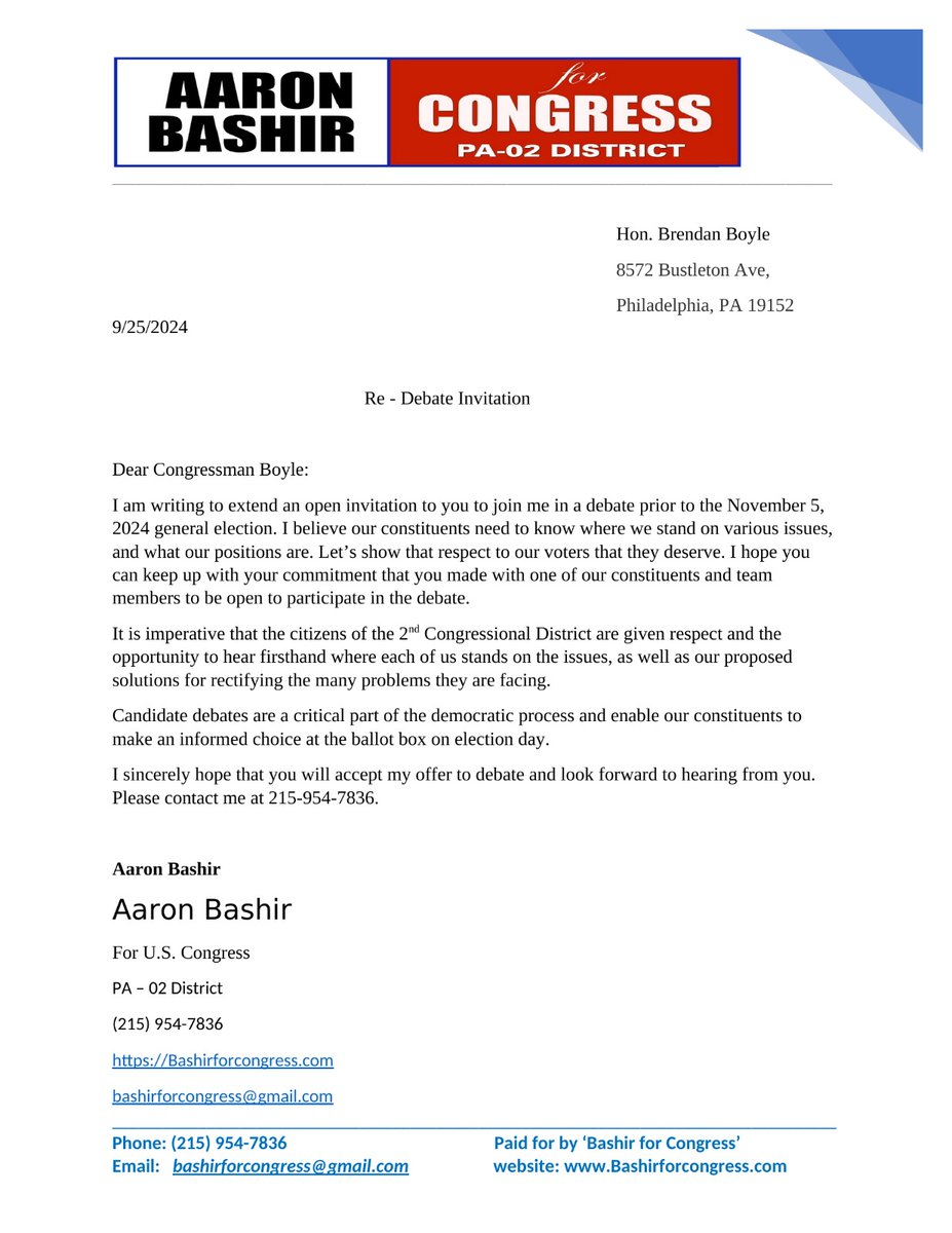 aaron_bashir's tweet photo. Hello Congressman  Bendan, I am inviting you to join me in a debate before election. I believe our constituents should be given an opportunity and respect to know our positions on issues. I am looking forward to hear from you.  (Aaron Bashir for U.S. Congress) https://t.co/g0MnktIcYf