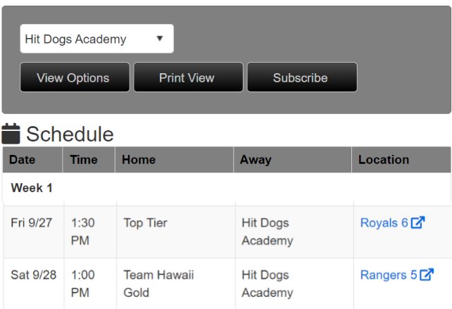 Here is my schedule for the senior AZFC this weekend. <a href="/HitDogsAZ/">Hit Dogs Baseball Club</a>