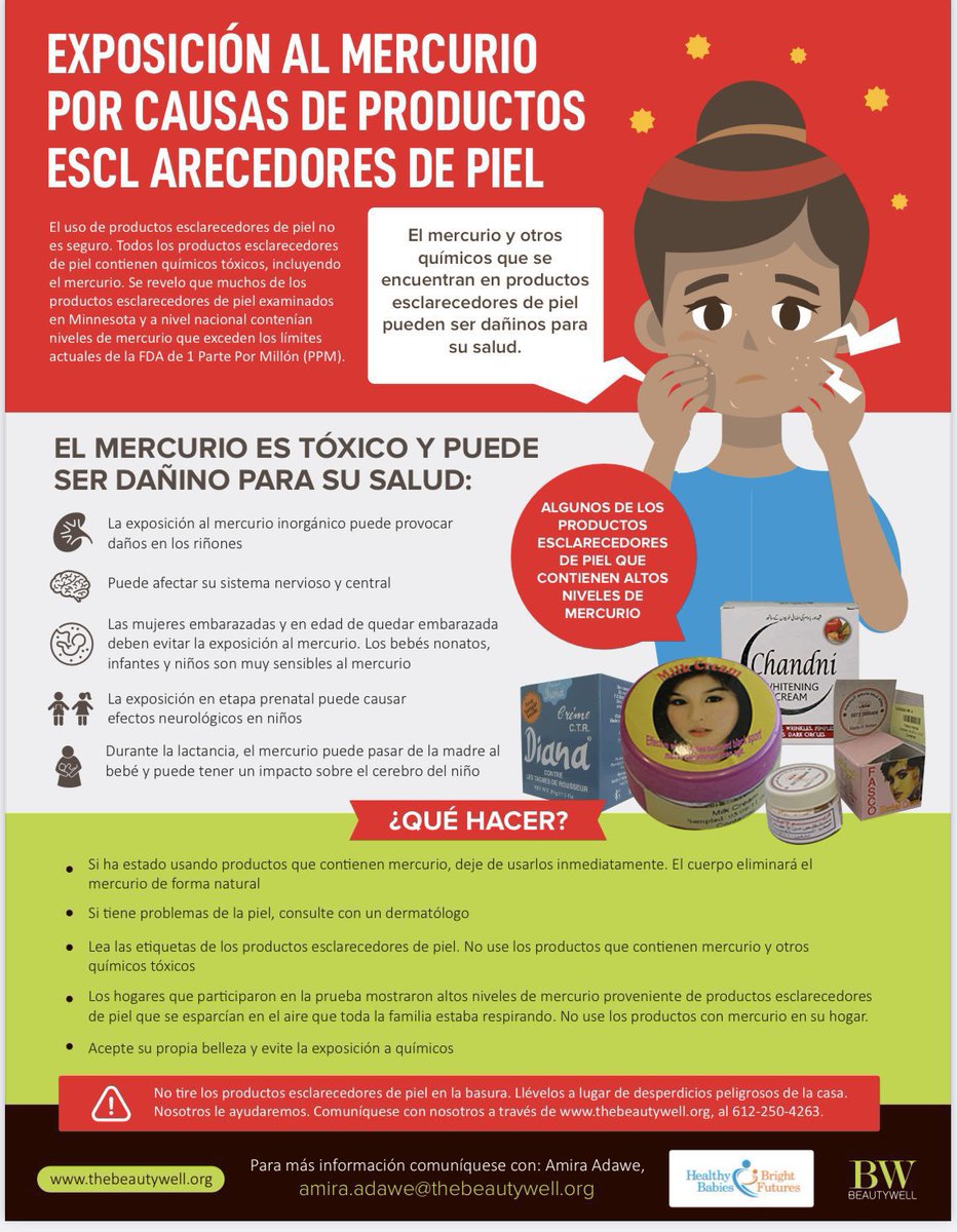 How does mercury in skin-lightening impact the health of the individual? 

-It can cause kidney damage.
-It can harm your brain and nervous system.
-It can pass from the mother’s milk while breastfeeding, causing harm to the baby’s brain development.

thebeautywell.org/data/mercury-c…