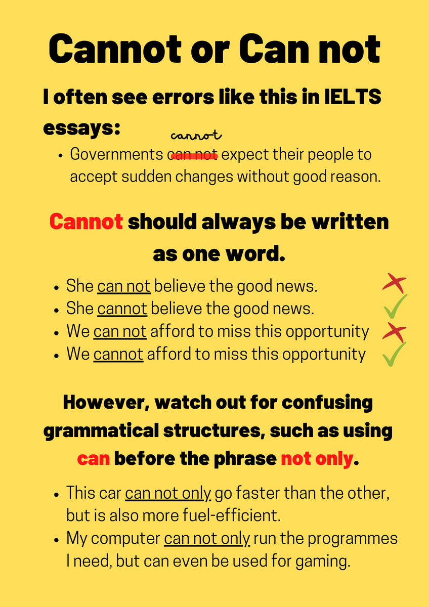 tedielts's tweet image. Yesterday&apos;s grammar challenge concerned the word &quot;cannot.&quot; 

Specifically, it required you to know that we write &quot;cannot&quot; instead of &quot;can not.&quot; For example: 

❌ I&apos;m sorry, but I can not help you right now. 
✅I&apos;m sorry, but I cannot help you right now.