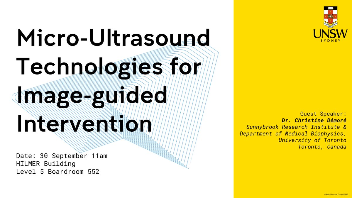 UNSW Materials & Manufacturing Futures Institute (@mmfi_unsw) on Twitter photo Next week we'll be joined by Dr. Christine Démoré from the <a href="/Sunnybrook/">Sunnybrook Health Sciences Centre</a> Health Sciences Centre in Toronto, Canada to discuss their current work on micro-ultrasound devices for high resolution imaging to improve detection and localising of tumors. Crucial work, come and listen. Next week we'll be joined by Dr. Christine Démoré from the <a href="/Sunnybrook/">Sunnybrook Health Sciences Centre</a> Health Sciences Centre in Toronto, Canada to discuss their current work on micro-ultrasound devices for high resolution imaging to improve detection and localising of tumors. Crucial work, come and listen.