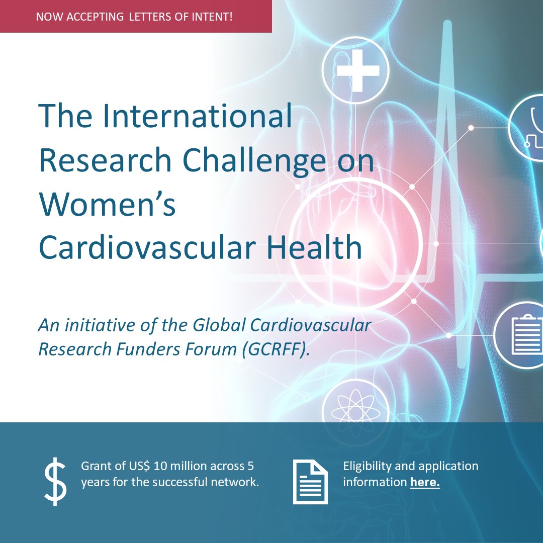 Apply to a new international, multi-institutional research network program for your chance at a US$10m grant to improve women’s cardiovascular health 💰 Visit the Global Cardiovascular Research Funders Forum webpage to find out more 👉bit.ly/3ME1v4D #GCRFF #CVDresearch