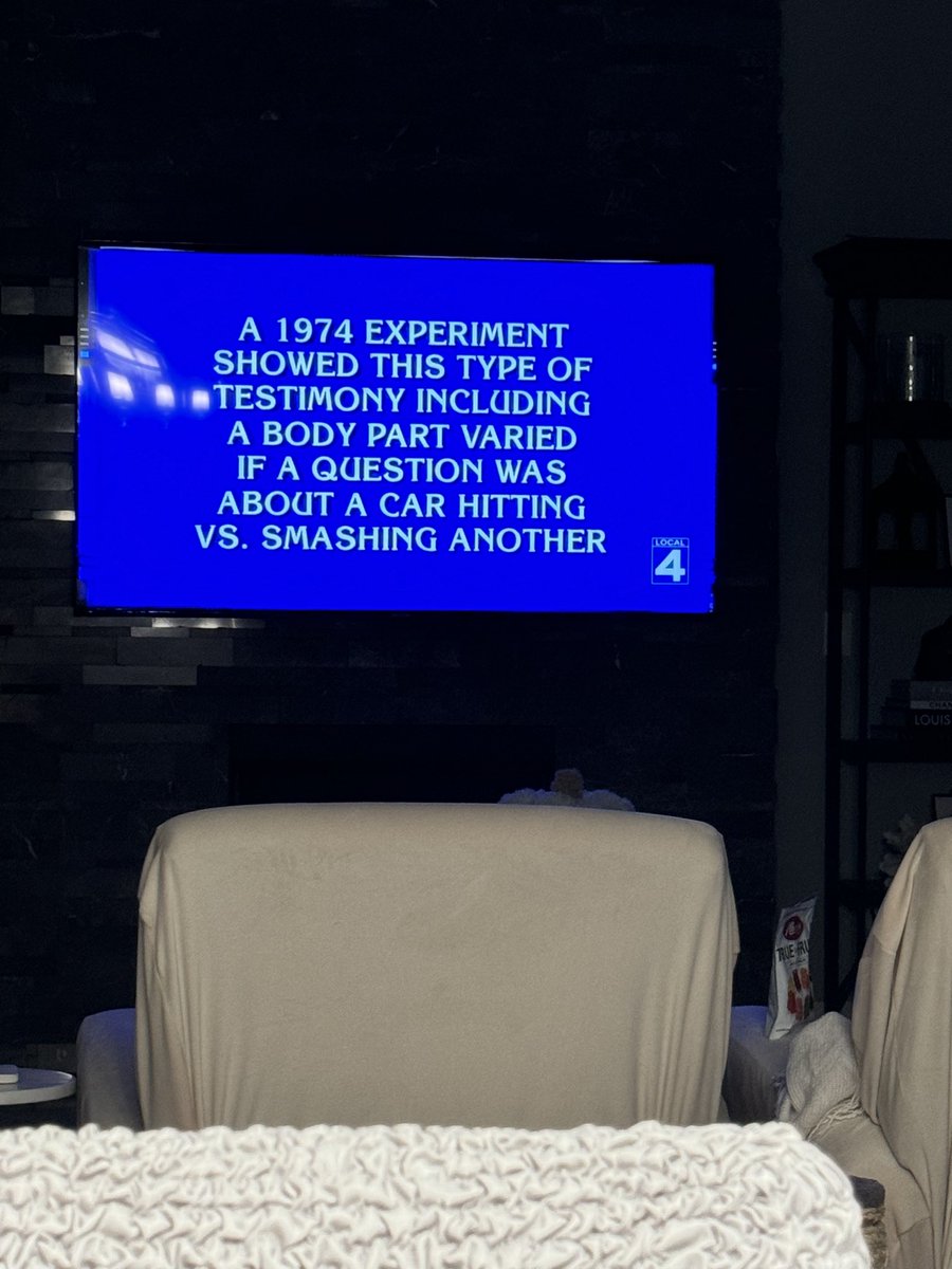 sharirberkowitz's tweet photo. #Jeopardy’s phrasing is extra confusing (even for the experts 😂), but nice to see one of Beth Loftus’s most famous experiments featured! 👀 https://t.co/iQJJ8rHSmy
