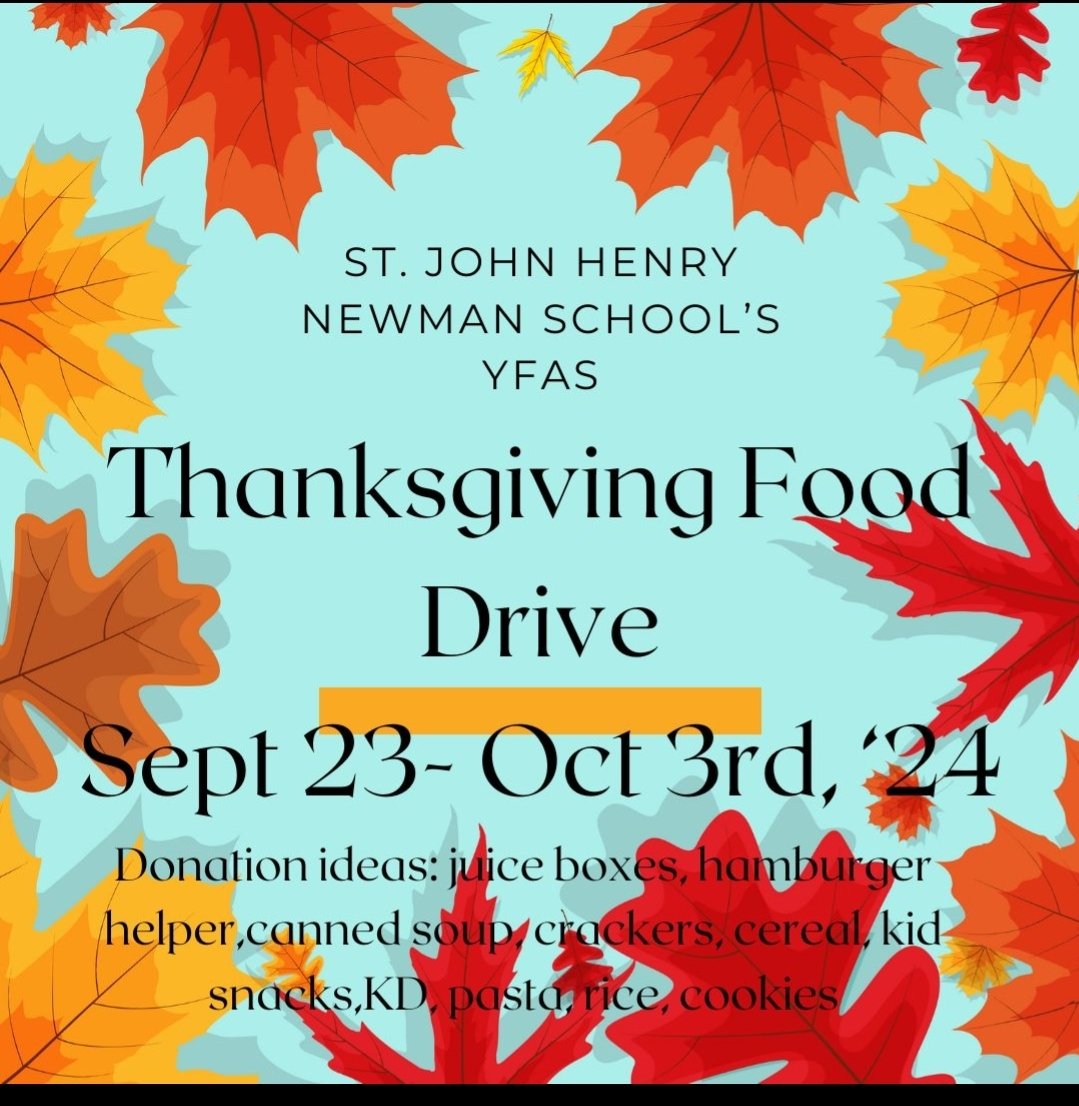 Our annual food drive is here! In the spirit of Thanksgiving,  please donate to our families in need. All donations are welcome. Last day is Thursday,  October 3rd.