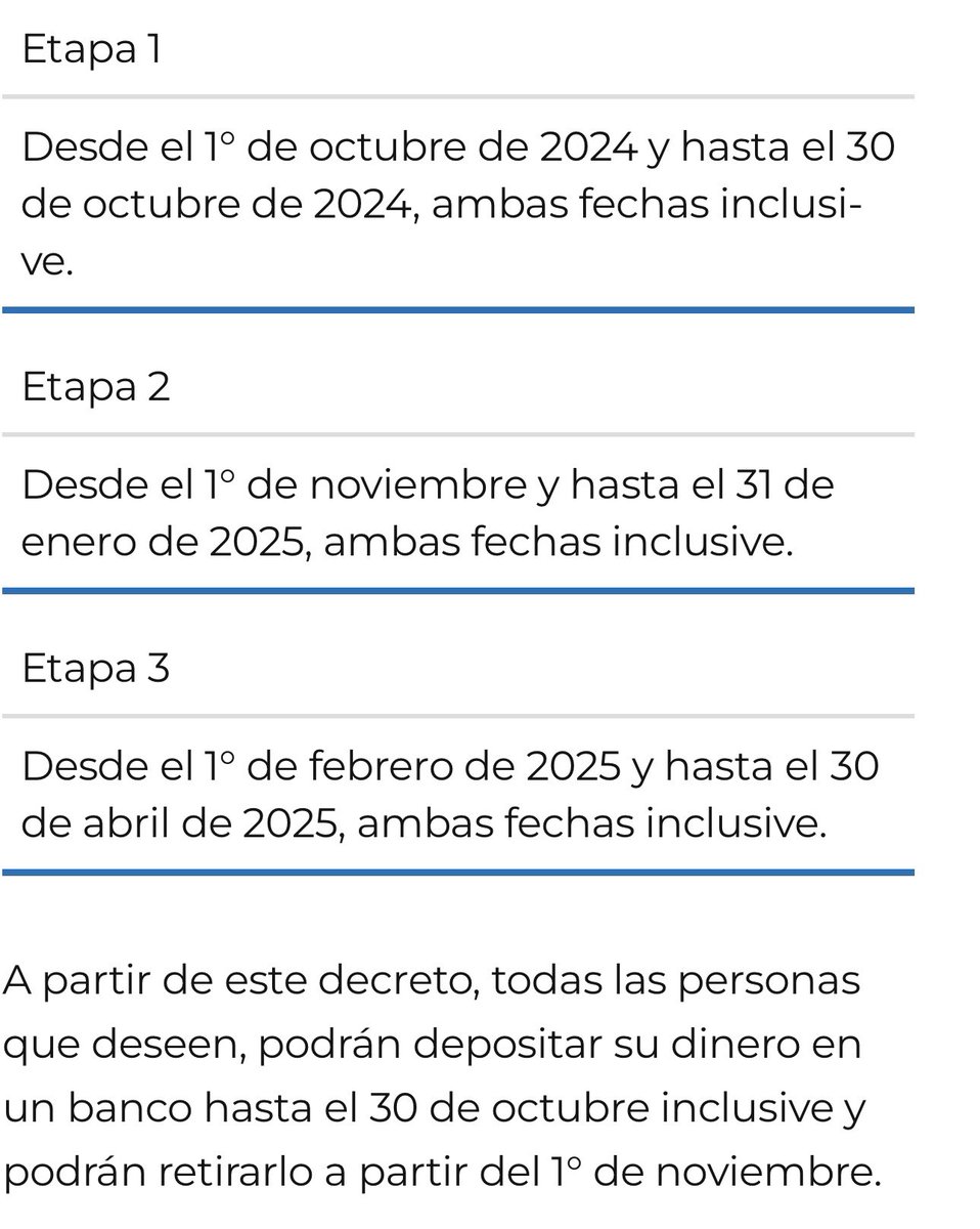 ATENTI BLANQUEO 

🟠La primera etapa del blanqueo se extiende hasta el 30/10/24 inclusive. 
Esta es la única que permite regularizar dinero en efectivo
🟠Los que blanquearon y retiren los fondos no podrán volver a blanquear.

Nada de cranear ideas locas. Está todo contemplado por