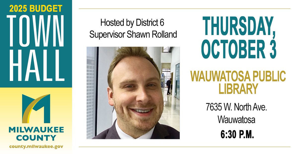 Join me, Milwaukee County Supervisor Shawn Rolland, for the 2025 Budget Town Hall for District 6. Come share your priorities, worries and hopes, and learn more about the 2025 Milwaukee County budget. See you on October 3! facebook.com/events/1005950…