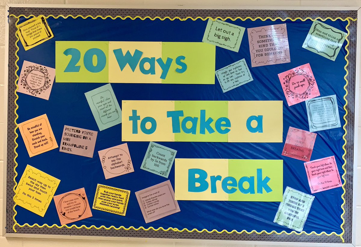 20 Ways to Take a Break! Thank you <a href="/WLoupos/">Wendy Loupos</a> for adding a special corner to our school. <a href="/MPatel_1/">Minakshi Patel</a> <a href="/sheilapowell18/">Sheila Powell</a> <a href="/TVDSB/">Thames Valley DSB</a> #ThamesfordPS <a href="/TVDSBcares/">TVDSB Mental Health</a>