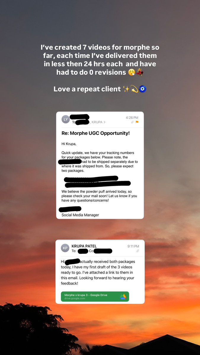 KRUPA | Creative Strategist & UGC Creator (@kruppss_) on Twitter photo I’ve created 7 videos for Morphe so far (hopefully tons more) and each time I’ve delivered in less than 24 hours, & the content was approved content on the first round
I love repeating clients!
Brands, I’d love to do the same for you!
📧: kpatelsmm@gmail.com
#ugc I’ve created 7 videos for Morphe so far (hopefully tons more) and each time I’ve delivered in less than 24 hours, & the content was approved content on the first round
I love repeating clients!
Brands, I’d love to do the same for you!
📧: kpatelsmm@gmail.com
#ugc