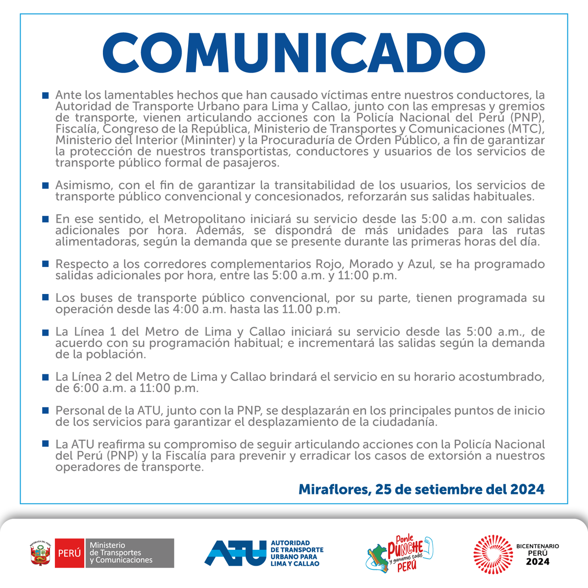 ATU_GobPeru's tweet photo. 📣 #ATUInforma | Ante la paralización de los operadores y trabajadores del transporte público convencional, programada para este jueves 26 de setiembre, la ATU informa lo siguiente. 👇 https://t.co/UCjzMT0UEu