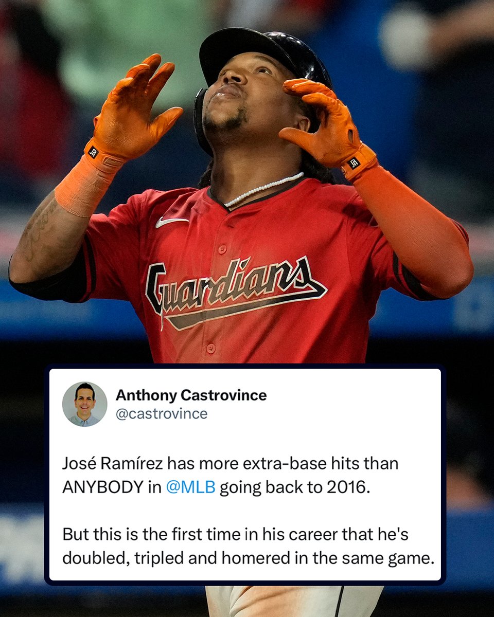 MLB's tweet image. José Ramírez is closing in on a 40 HR/40 2B/40 SB season and had himself a night in Cleveland.