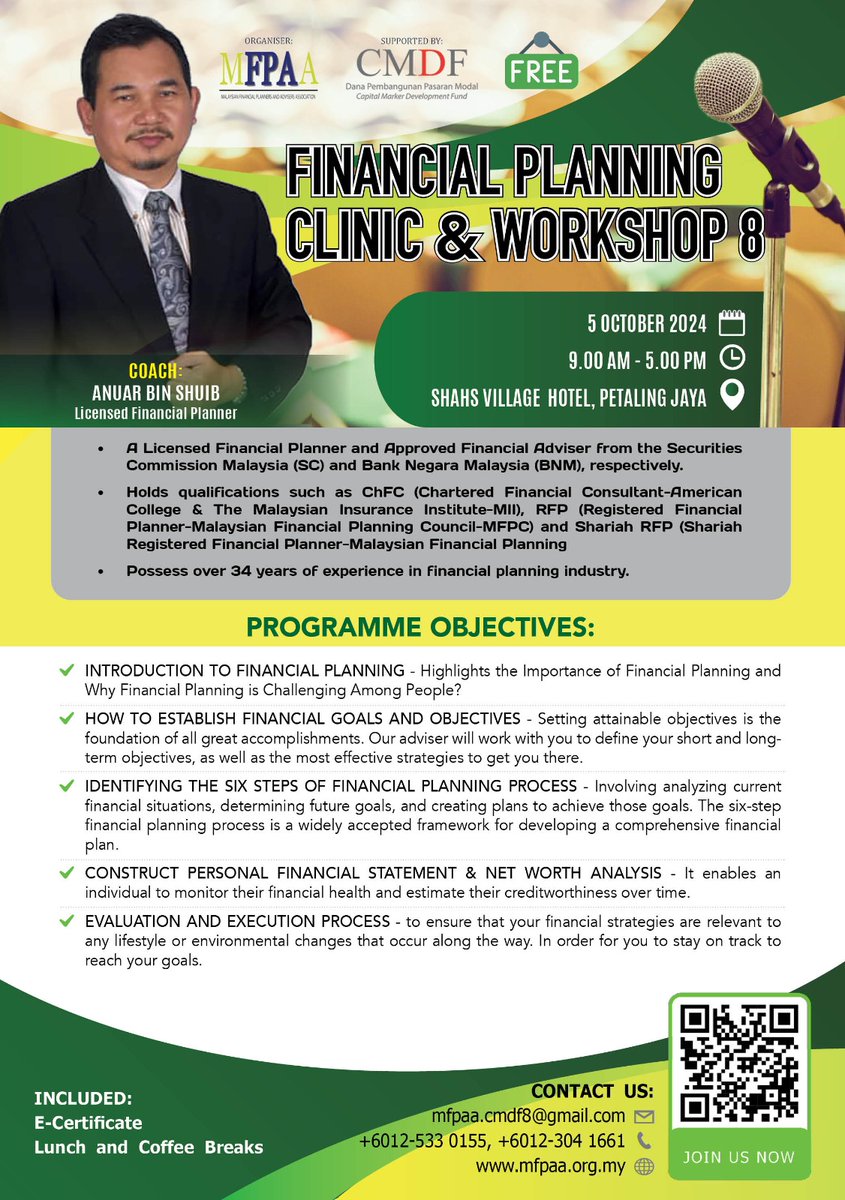 Saida_CFPCertTm's tweet photo. Sempena World Financial Planning day, ada beberapa events untuk public. 
Ada free with lunch (5 Oct) ada berbayar RM50 : 19 Oct (breakfast &amp; lunch)

Sesuai untuk mereka yang nak kenal sesuai ke nak ceburi bidang ni?
Atau nak dapat sharing free berkenaan market update.

#WFPD2024 https://t.co/ig8QFP9c4p