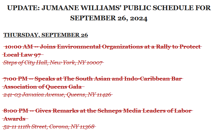 NYC Public Advocate Jumaane Williams cancels his entire public schedule for tomorrow (today). He's next in line to be mayor if Eric Adams resigns
