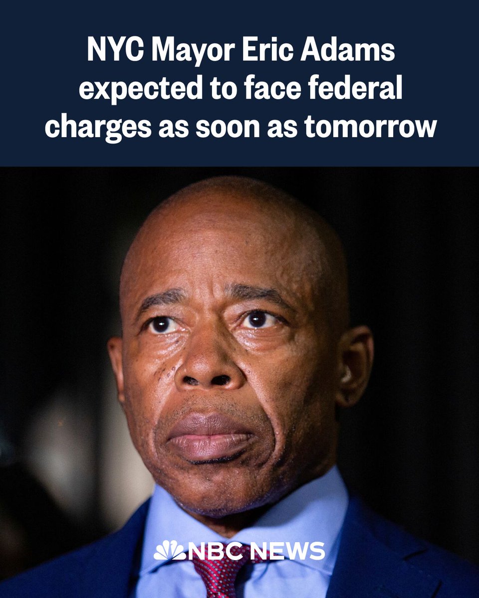 BREAKING: New York City Mayor Eric Adams is expected to face federal charges as soon as tomorrow, sources say. nbcnews.app.link/sRKNXux4bNb