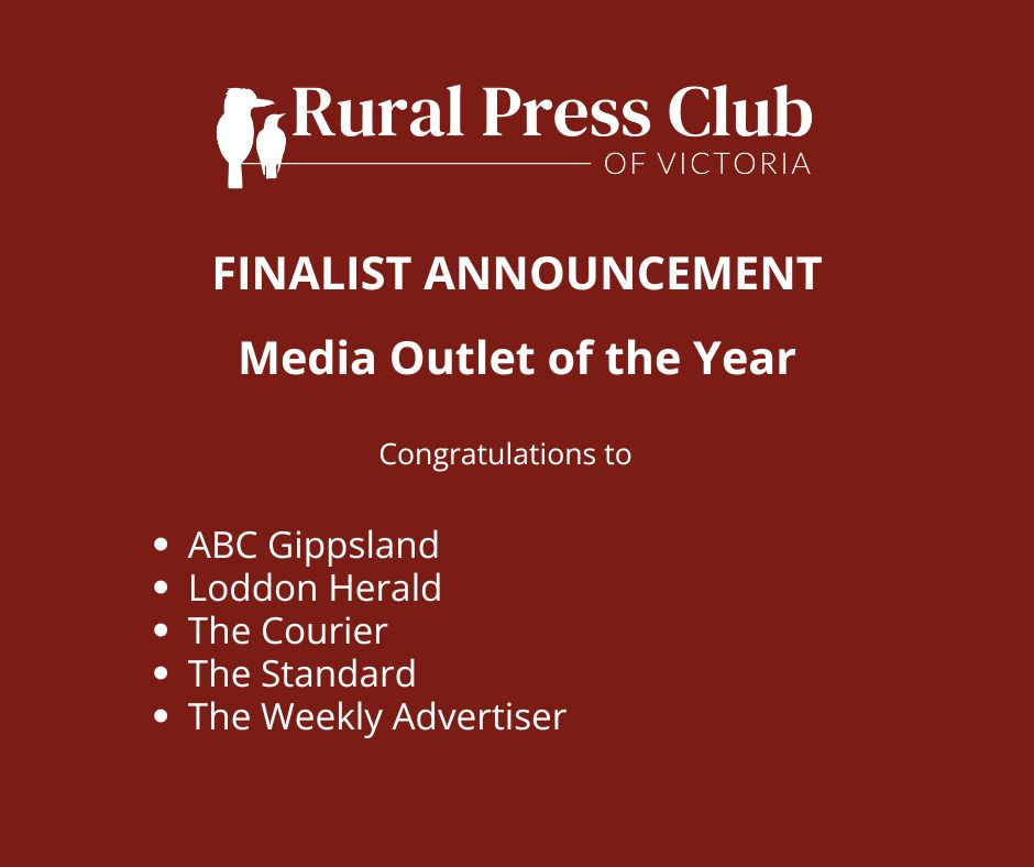 Rural Press Club Vic (@rpcvic) on Twitter photo š£ Here it is! Our last finalist announcement for the 2024 awards. š
We're delighted to announce ABC Gippsland, the Loddon Herald, <a href="/ballaratcourier/">The Courier</a>, <a href="/WboolStandard/">The Standard</a> and <a href="/theweeklyaddy/">Weekly Advertiser</a> as finalists in the Media Outlet of the Year award.
buff.ly/3Xv4GRp
#RPCVAwards š£ Here it is! Our last finalist announcement for the 2024 awards. š
We're delighted to announce ABC Gippsland, the Loddon Herald, <a href="/ballaratcourier/">The Courier</a>, <a href="/WboolStandard/">The Standard</a> and <a href="/theweeklyaddy/">Weekly Advertiser</a> as finalists in the Media Outlet of the Year award.
buff.ly/3Xv4GRp
#RPCVAwards
