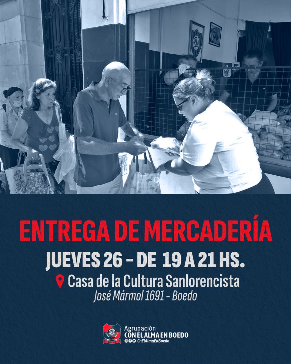 MAÑANA jueves 26/9, retomaremos las entregas de alimentos en La Casa de la Cultura Sanlorencista

⌚️ De 19 a 21 hs.
📍 José Marmol 1691

ℹ️ La entrega es un bolson por familia