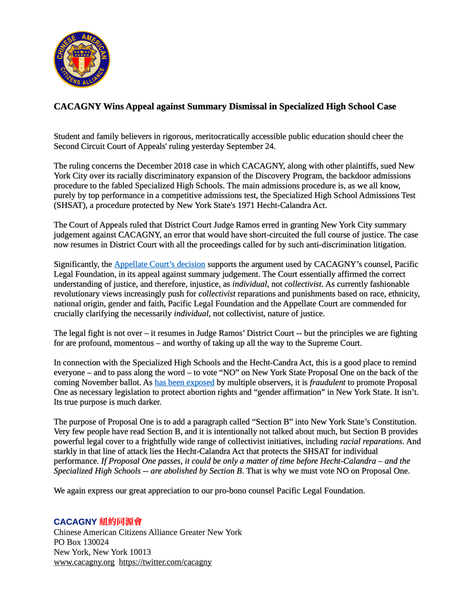 CACAGNY Wins Appeal against Summary Dismissal in Specialized High School Case