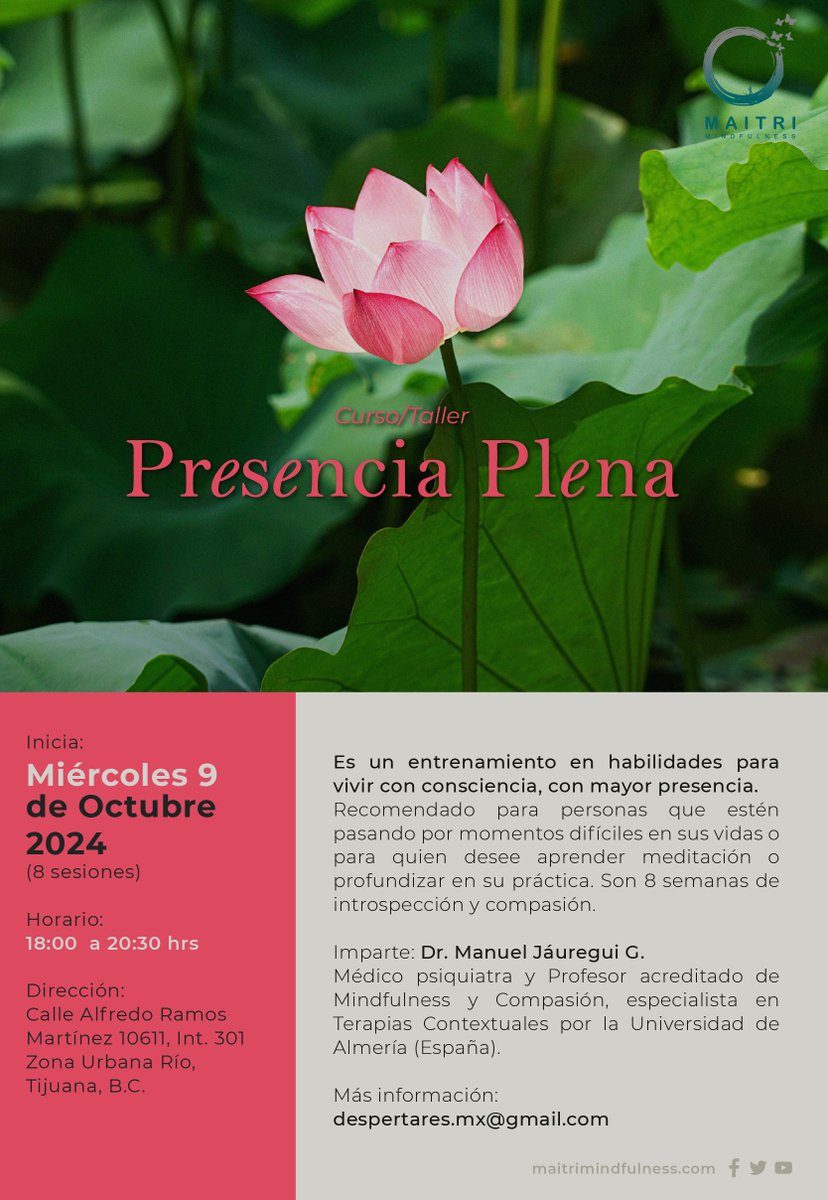MaitriMx's tweet photo. ¡Nuevo Taller!
"PRESENCIA PLENA"
Entrenamiento en habilidades para vivir con consciencia, con mayor presencia

INICIA MIÉRCOLES 9 DE OCTUBRE

Imparte: Dr. Jáuregui
Hora: 6pm a 8.30pm
Más información: despertares.mx@gmail.com

#Maitri
Cursos y Talleres basados en #mindfulness https://t.co/xQ94kp5H5e