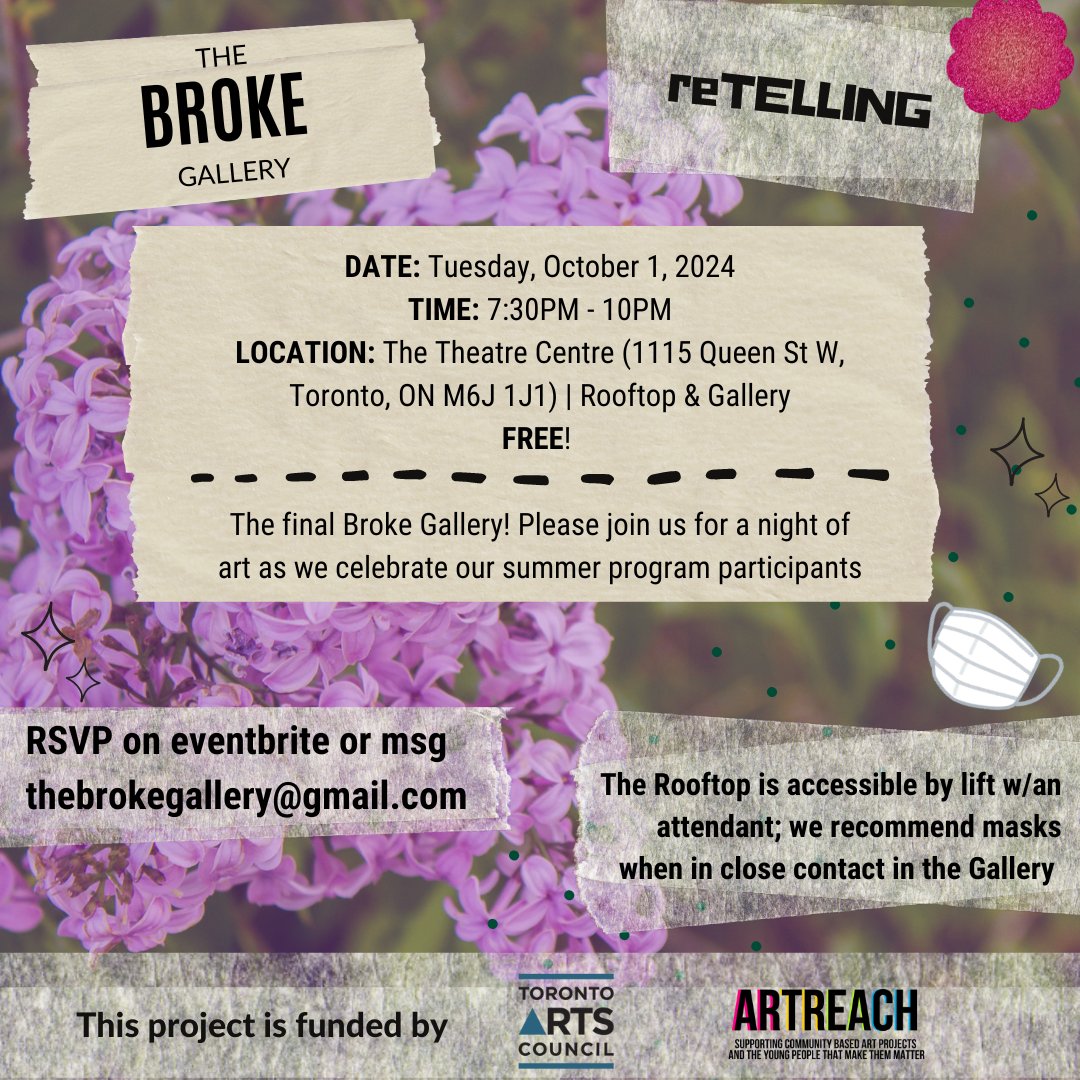 TheBrokeGallery's tweet photo. Itβs the end of an era! Please come join us Tuesday October 1, from 7:30PM - 10PM at The Theatre Centre, for our reTelling art showcase.
Free RSVP: https://t.co/OEvkL7xpOy
#art #showcase #toronto #artreach #torontoartacouncil #music #photography #artbook #zine https://t.co/gSoiM3KtyK