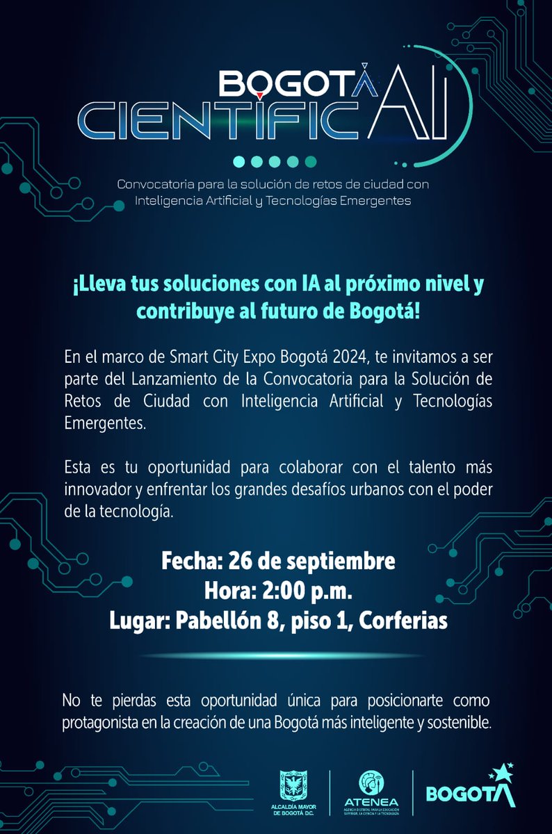 ¡Quedan 2⃣ días, no se pierdan #SmartCityBOG!

Desde <a href="/AteneaBogota/">AGENCIA ATENEA</a> haremos el lanzamiento de la convocatoria sobre #InteligenciaArtificial, enfocada en retos para Bogotá. IES de la ciudad, esta es su oportunidad.

Aseguren su lugar y conozcan más detalles: forms.office.com/r/0kbaHKJpuK