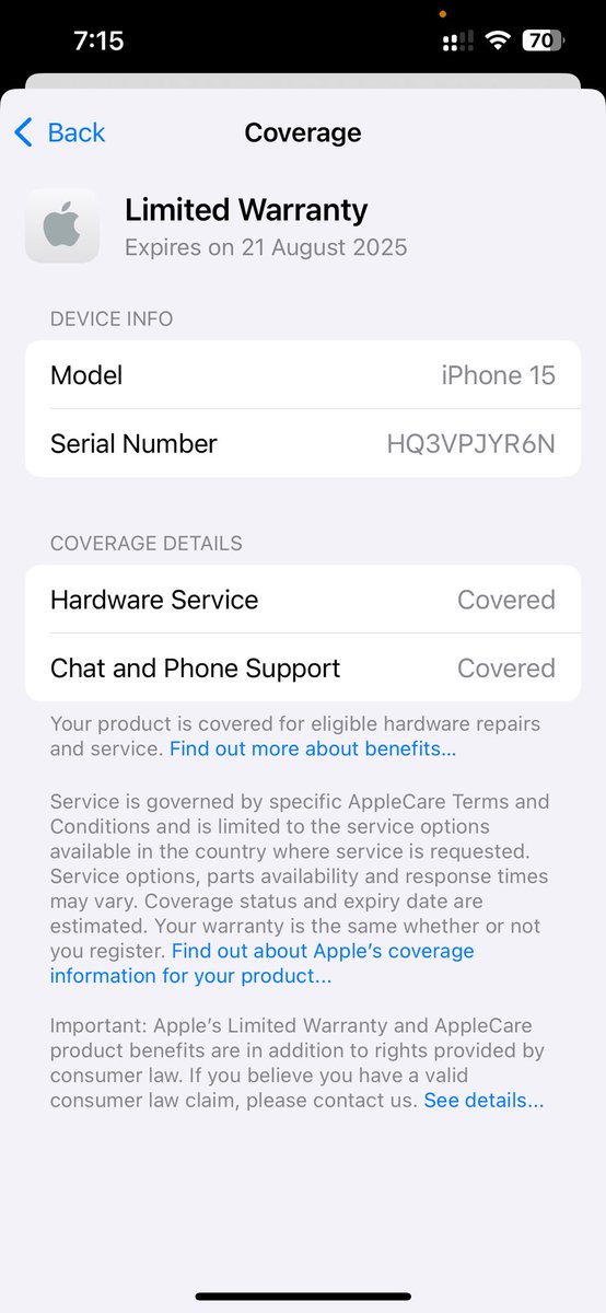 Deep_kalra_'s tweet photo. Just received iPhone 15 from Flipkart but after checking Apple's coverage, I found it's a pre-activated device having coverage only till 21 August 2025, What should I do? @Flipkart @flipkartsupport @DealBeeOfficial @GyanTherapy 
#BigBillionDays https://t.co/e0fDnbZteF