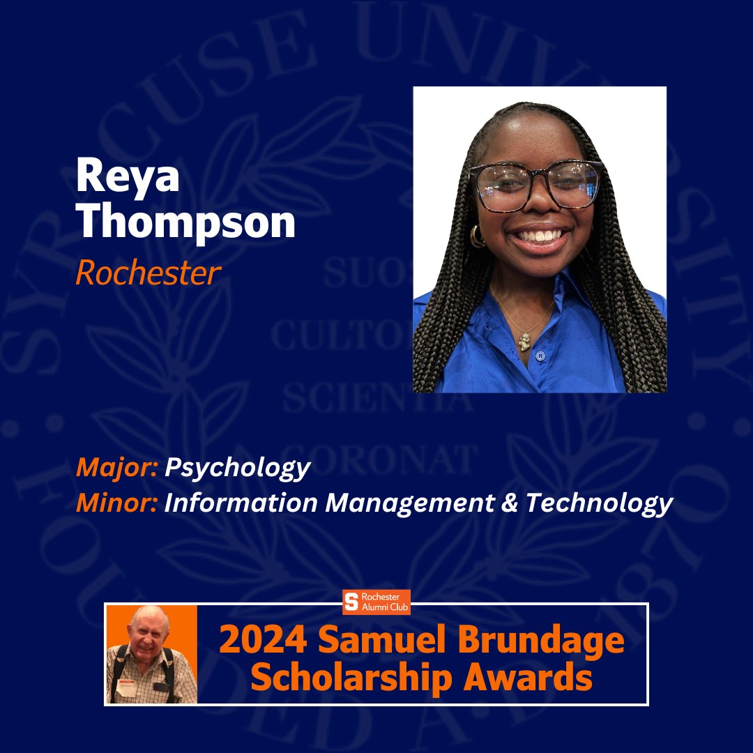 RocOrange's tweet photo. The Syracuse University Alumni Club of Rochester is proud to recognize the nine recipients of the 2024 Samuel Brundage Memorial Scholarship. Today we highlight Reya Thompson of Rochester!

Learn more: https://t.co/i2w2K9NlB6 https://t.co/oXkK3D5OuX